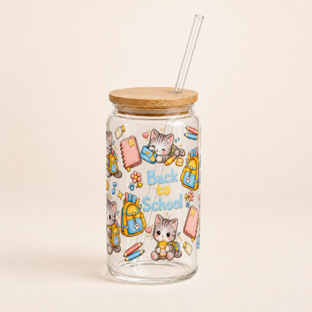 Back to School Kittens 16 oz Tumbler with Bamboo Lid and Glass Straw