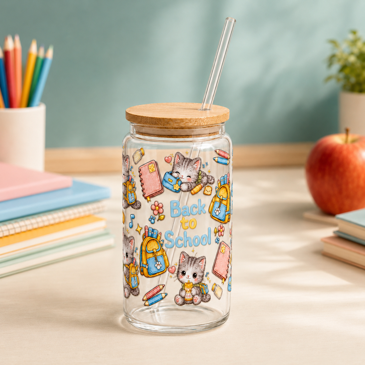 Back to School Kittens 16 oz Tumbler with Bamboo Lid and Glass Straw