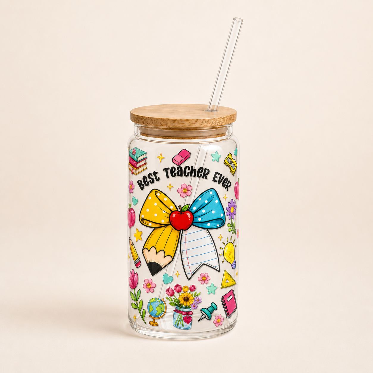 Best Teacher Ever 16 oz Tumbler with Bamboo Lid and Glass Straw