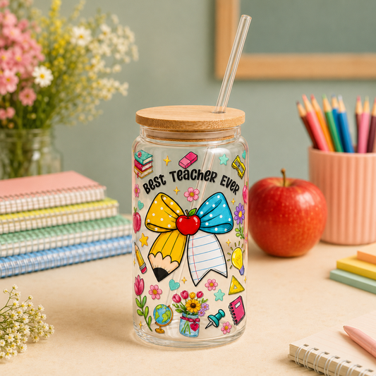 Best Teacher Ever 16 oz Tumbler with Bamboo Lid and Glass Straw