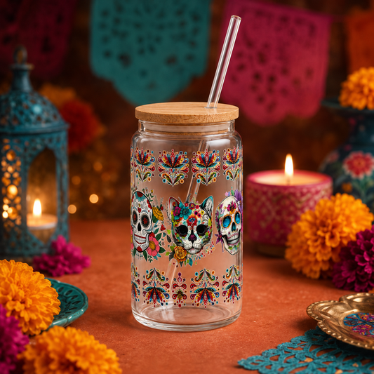 Day of the Dead Glass 16 oz Tumbler with Bamboo Lid and Glass Straw
