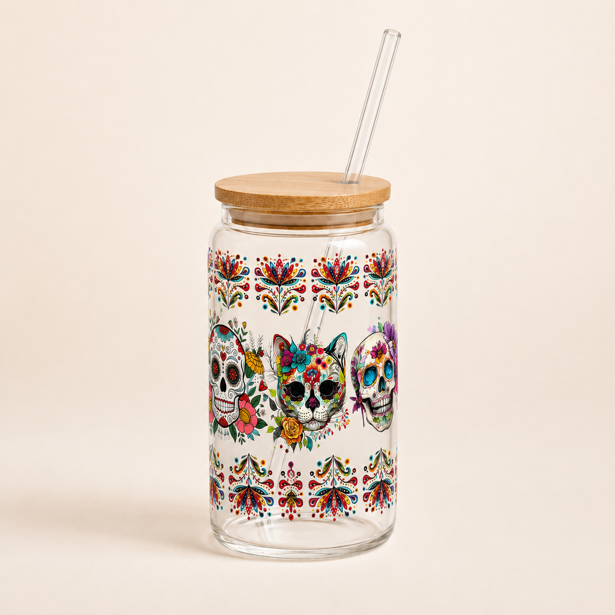 Day of the Dead Glass 16 oz Tumbler with Bamboo Lid and Glass Straw