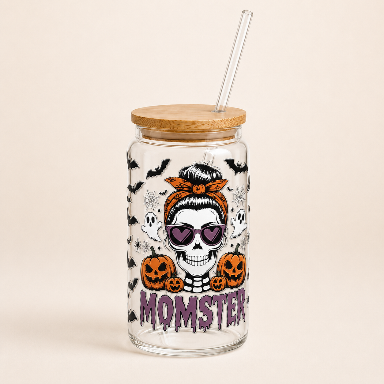 Momster Glass 16 oz Tumbler with Bamboo Lid and Glass Straw