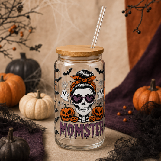 Momster Glass 16 oz Tumbler with Bamboo Lid and Glass Straw