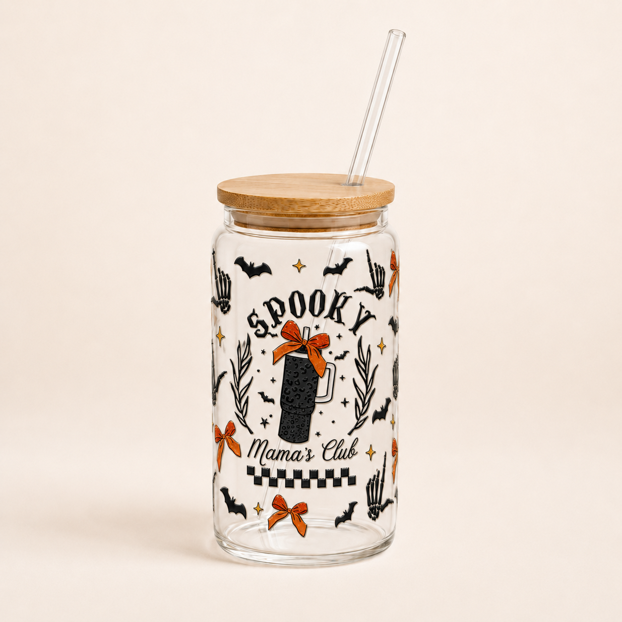 Spooky Moms Club Glass 16 oz Tumbler with Bamboo Lid and Glass Straw
