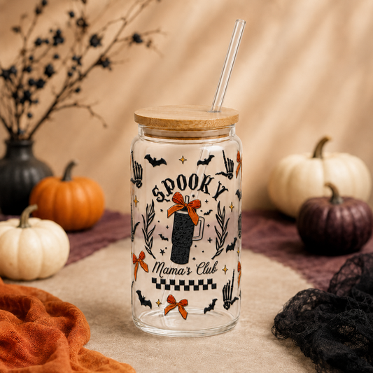 Spooky Moms Club Glass 16 oz Tumbler with Bamboo Lid and Glass Straw