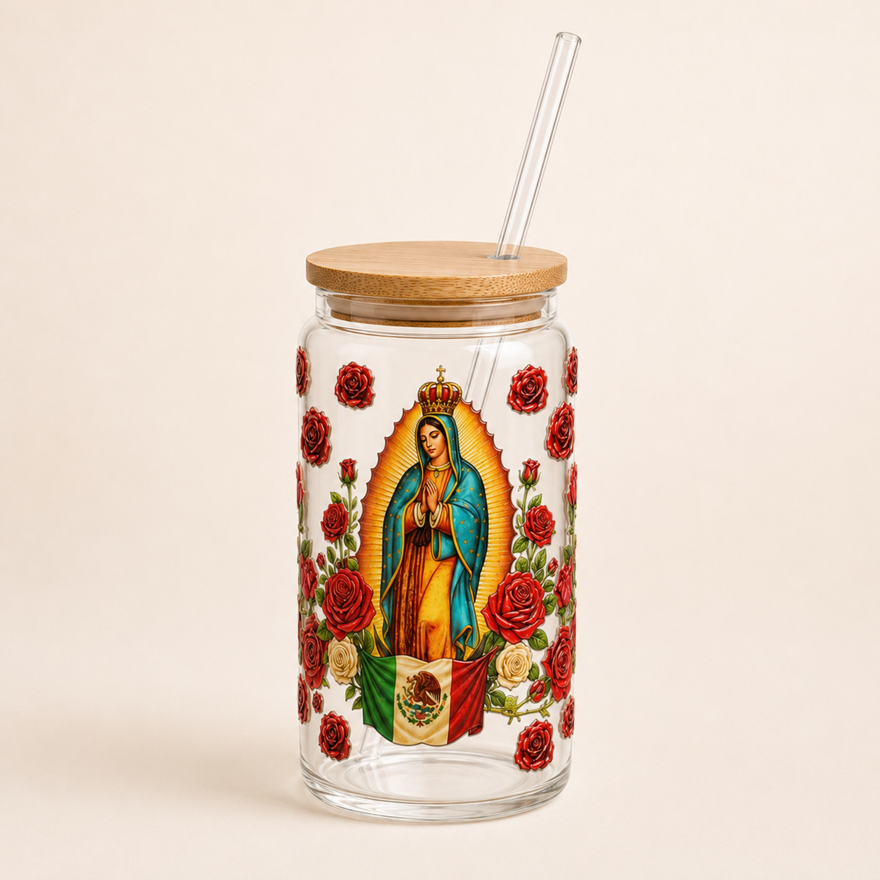 Virgin Mary 16 oz Tumbler with Bamboo Lid and Glass Straw