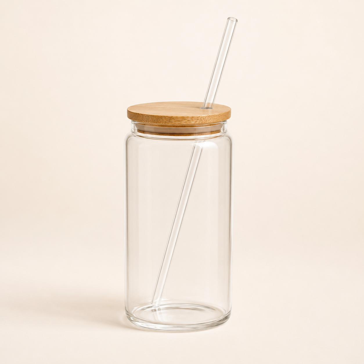 Blank 16 oz clear glass tumbler with bamboo lid and reusable straw for UV DTF decals, vinyl and crafting projects